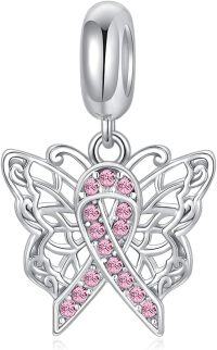 wholesale Sterling Silver & Pink Austrian Crystals Butterfly Pink Ribbon Charm for Pandora Bracelets 12.2x13.9mm-Charm-Butterfly
