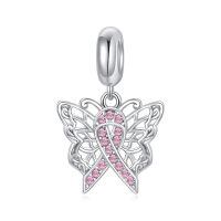 wholesale Sterling Silver & Pink Austrian Crystals Butterfly Pink Ribbon Charm for Pandora Bracelets 12.2x13.9mm-Charm-Butterfly