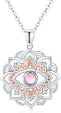 wholesale 925 Sterling Silver Pink Moonstone Evil Eye Lotus Pendant Necklaces for Women and Girls-0-0