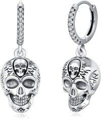 wholesale 925 Sterling Silver Skull Drop Hoop Earrings Gothic Punk Style for Women and Men-02-Skull Earrings(1-Silver )