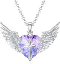 wholesale Sterling Silver Gold Angel Wings Necklace with Cross Birthstone Valentine s Gift-06-June-Alexandrite White Gold
