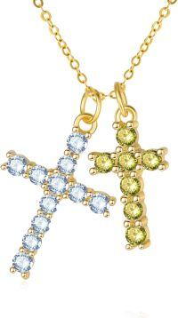 wholesale 14K Gold Sterling Silver Birthstone Double Cross Necklace for Women-03-08-Mar-Aug