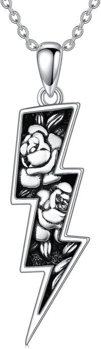 wholesale 925 Sterling Silver Black Enamel Rose Flower with Lightning Bolt Pendant Necklaces for Women Girls s 45cm Chain Length-Rose