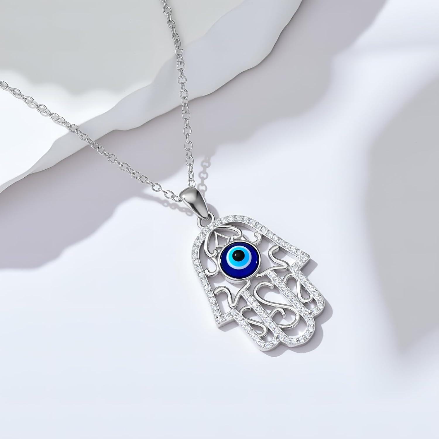 Sterling Silver Lotus Evil Eye Hamsa Necklace Hand of Fatima Pendant Jewelry for Women-0-2