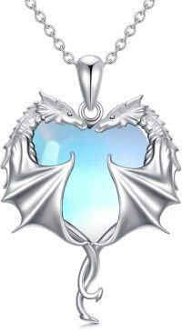 wholesale 925 Sterling Silver Heart-Shaped Austrian Crystal Double Dragon Pendant Necklace for Women and Girls-Heart Dragon-Moonstone