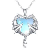 wholesale 925 Sterling Silver Heart-Shaped Austrian Crystal Double Dragon Pendant Necklace for Women and Girls-Heart Dragon-Moonstone