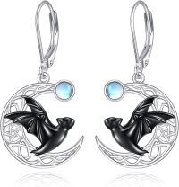 wholesale 925 Sterling Silver Celtic Moon Black Bat Drop Earrings with Rainbow Moonstone for Women-Bat