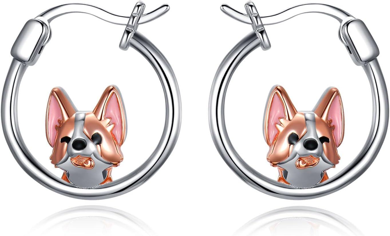 Sterling Silver Animal Hoop Earrings Sloth Panda Koala Axolotl Cat Corgi-Corgi