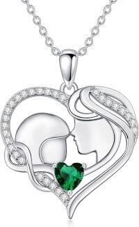 wholesale 925 Sterling Silver Birthstone Mother Love Heart Pendant Necklace-silver-5 May-Simulated Emerald