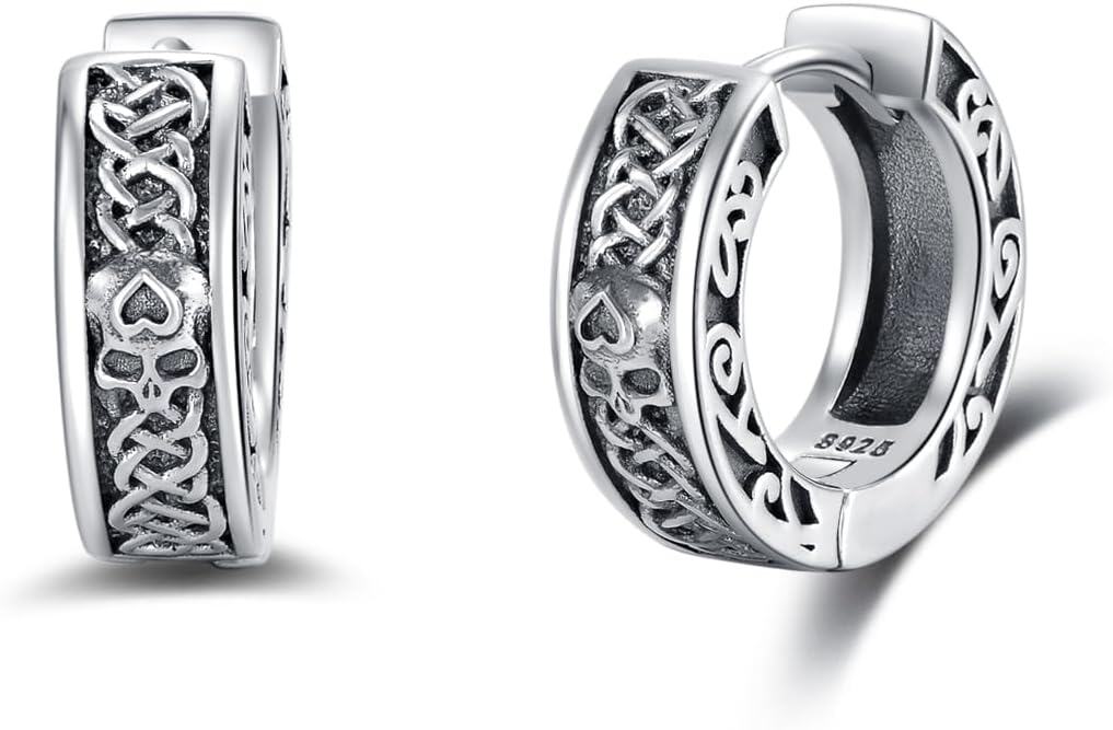 Sterling Silver Viking Earrings Huggie Hoop with Stone Vintage Jewelry Gifts for Men Women Boys Girls-skull