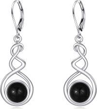 wholesale Sterling Silver Spiral Dangle Earrings with Black Onyx Peridot Pink Cat Eye Lapis Lazuli Turquoise Moss Agate Moonstone Amethyst Mustard Seed Leverback Jewelry Gifts for Women Teens-Silver Onyx Earrings