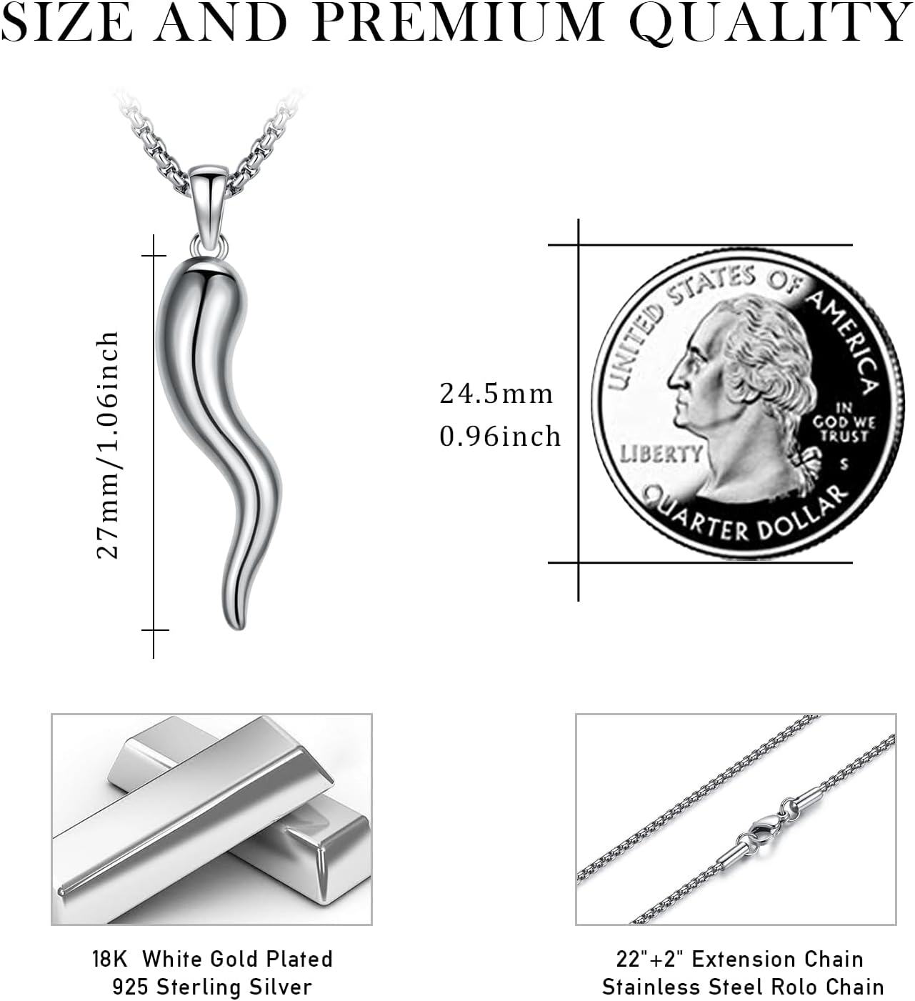 wholesale Stainless Steel & 925 Sterling Silver Italian Horn Pendant Luck Charm Necklaces for Men Women - 24 Chain Length-0-3