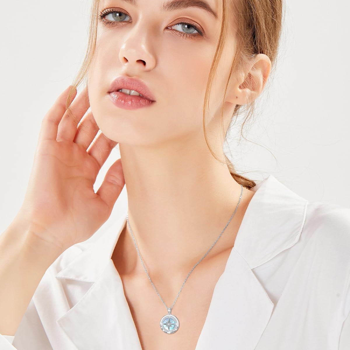 wholesale 925 Sterling Silver Round Blue Moonstone Compass Pendant Necklace with Cubic Zirconia and Engraved Message I'd be lost without you for Women Girls  45cm Chain Length-0-1