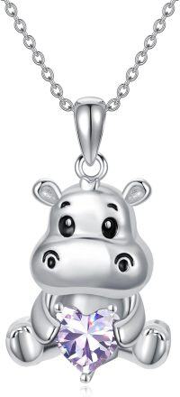wholesale Sterling Silver Animal Birthstone Necklace Otter Axolotl Hippo Pendant Jewelry Gift for Women-06-Jun-Hippo