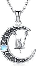 wholesale 925 Sterling Silver Crescent Moon with Cat on Swing Charm Necklace-0-0