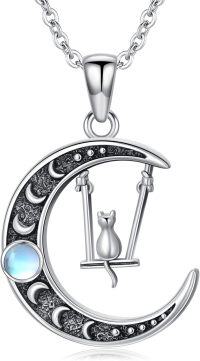 wholesale 925 Sterling Silver Crescent Moon with Cat on Swing Charm Necklace-Moonstone cat