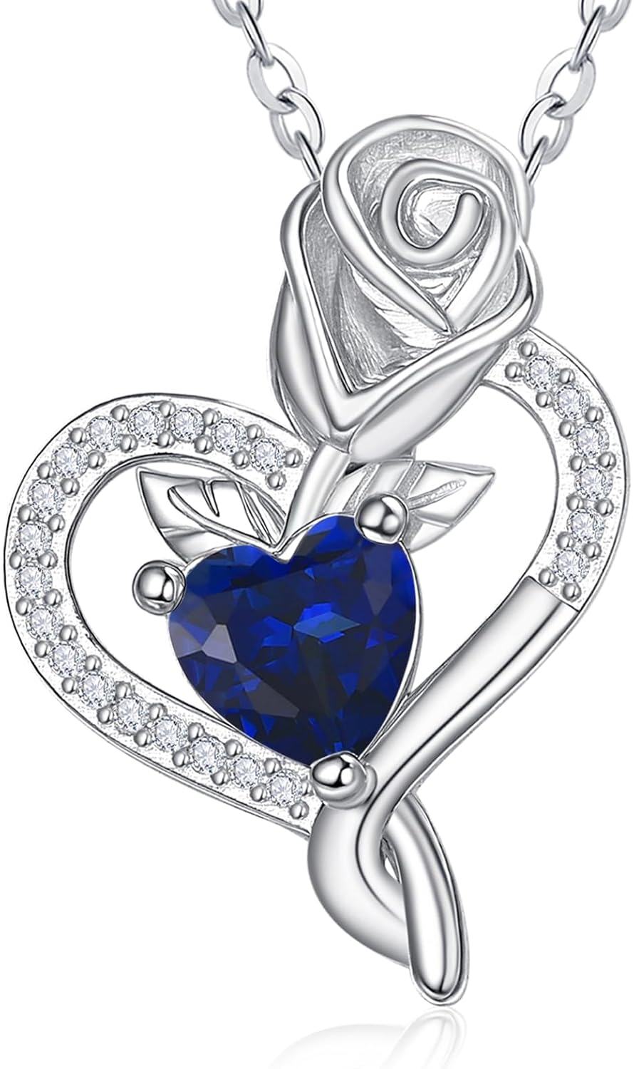 Sterling Silver Birthstone Heart Pendant Necklace for Women-09-Sept