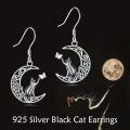 wholesale 925 Sterling Silver Black Cat & Crescent Moon Dangle Earrings - Adorable Kitty Lover Gift-0-5