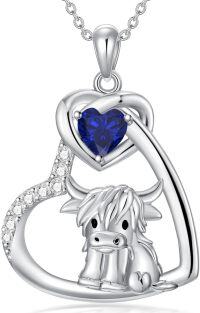 wholesale Sterling Silver Stone Highland Cow Heart Pendant Scotland Jewelry Gift-Cow Heart-Sapphire