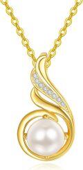wholesale Gold 925 Sterling Silver 8mm Simulated Pearl Pendant Necklace with Swarovski Crystals for Women-0-0