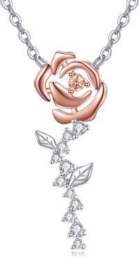 wholesale 925 Sterling Silver CZ Flower with Leaves and Musical Notes Pendant Necklace-B-Rose