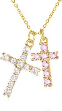 wholesale 14K Gold Sterling Silver Birthstone Double Cross Necklace for Women-04-10-Apr-Oct