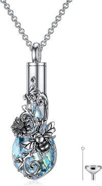 wholesale 925 Sterling Silver Blue Crystal Bee Floral Pendant Cremation Keepsake Urn Necklace with Funnel and Fill Tool for Ashes Memory-17-Teardrop Bee Urn
