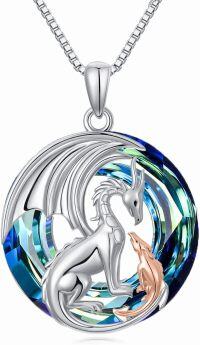 wholesale 925 Sterling Silver Dragon Mother & Child Pendant Necklaces Blue Crystal Gifts for Her-Dragon-Crystal-1
