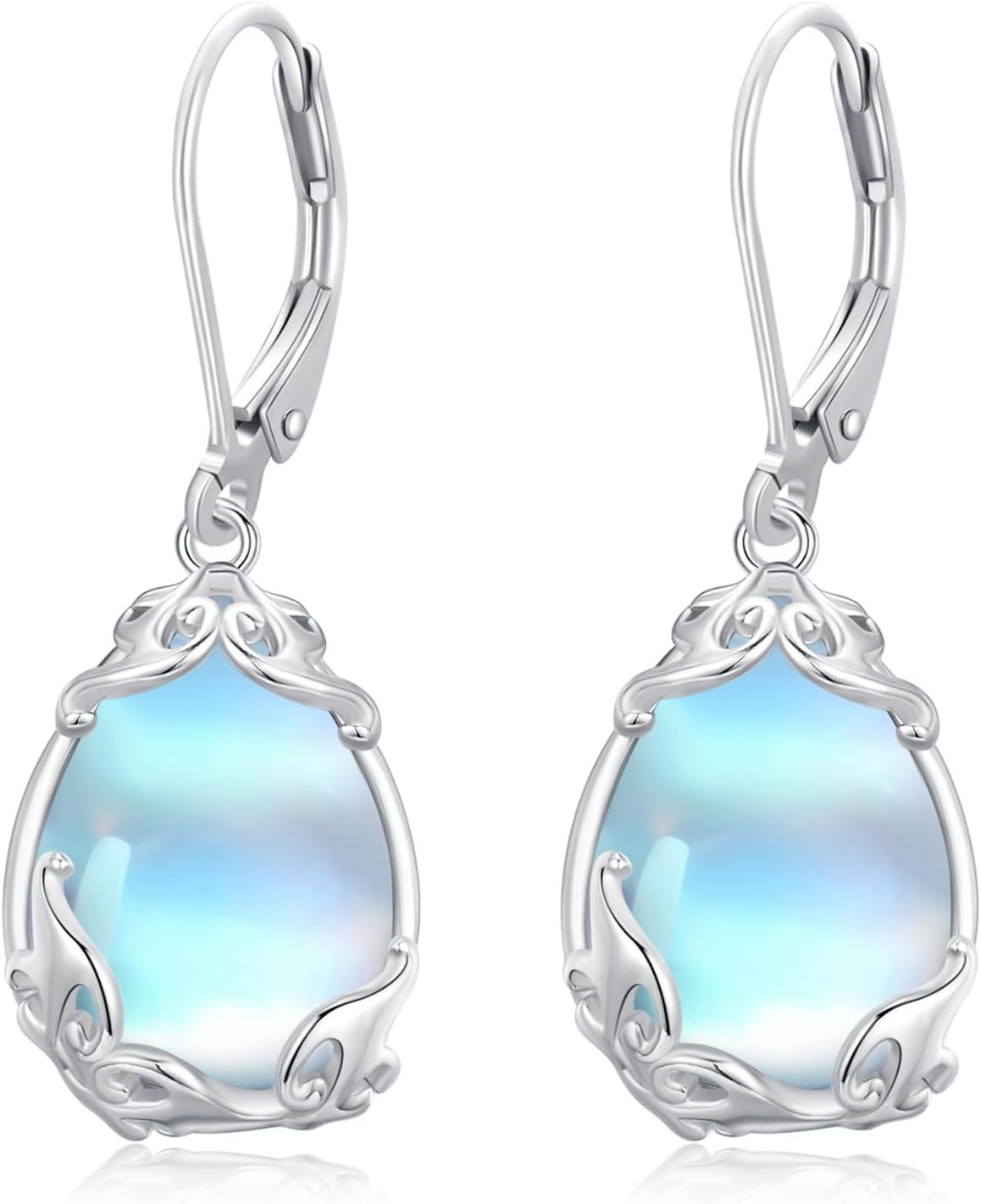 wholesale 925 Sterling Silver Rainbow Moonstone Teardrop Dangle Earring with Filigree Leverback Closure (Hypoallergenic)-0-0