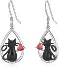 wholesale 925 Sterling Silver Black Cat Heart Teardrop Dangle Earrings  for Women-0-0