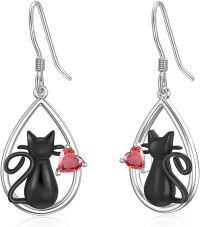 wholesale 925 Sterling Silver Black Cat Heart Teardrop Dangle Earrings  for Women-Cat Earrings