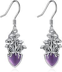 wholesale 925 Sterling Silver White Gold Plated Amethyst Moonstone Mushroom Dangle Earrings 0.67in 0.4in Hypoallergenic Nickel-Free Lead-Free Cadmium-Free-Amethyst