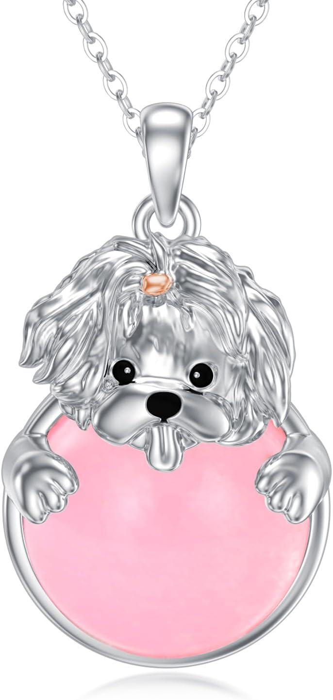 wholesale 925 Sterling Silver Pink Enamel Round Pendant with Yorkshire Terrier Charm for Women's Necklaces Gifts-0-0