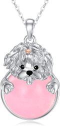 wholesale 925 Sterling Silver Pink Enamel Round Pendant with Yorkshire Terrier Charm for Women's Necklaces Gifts-0-0