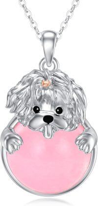 wholesale 925 Sterling Silver Pink Enamel Round Pendant with Yorkshire Terrier Charm for Women's Necklaces Gifts-Yorkie with Rose Quartz