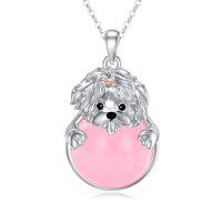 wholesale 925 Sterling Silver Pink Enamel Round Pendant with Yorkshire Terrier Charm for Women's Necklaces Gifts-Yorkie with Rose Quartz