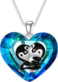 wholesale 925 Sterling Silver Heart-Shaped Blue Crystal Penguins Pendant Necklace Gift for Her-Penguin Necklace with Heart Crystal