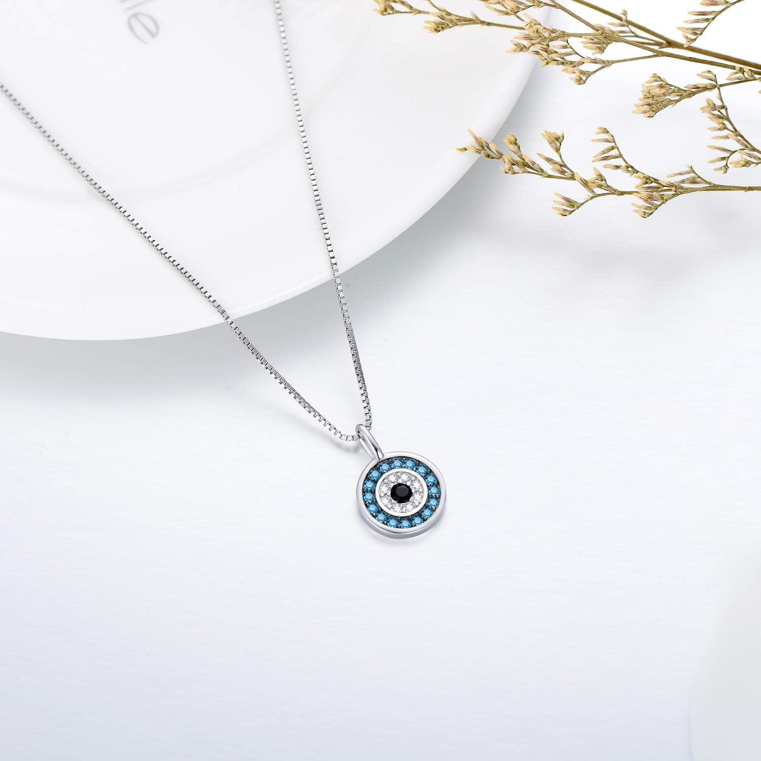 925 Sterling Silver Round Blue Crystal Evil Eye Pendant Necklace for Women Greek Protection s-0-3