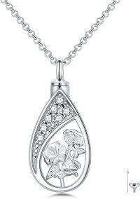 wholesale 925 Sterling Silver Floral Tear Drop Keepsake Pendant Necklaces w/Funnel Set for Women's Memorial Jewelry-09-September-Morning Glory