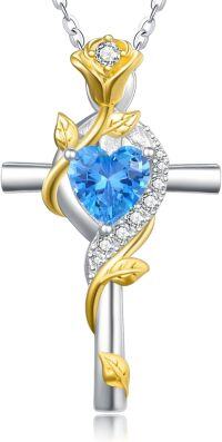 wholesale 925 Sterling Silver Blue Heart Crystal Rose Cross Pendant Necklace for Women-Gold-12-Topaz-Gold-12-Topaz