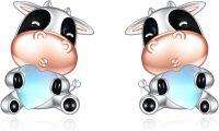 wholesale 925 Sterling Silver Heart-Shaped Cow Stud Earrings with Blue Stone Accents-cow