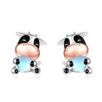 wholesale 925 Sterling Silver Cute Cow Holding Heart Moonstone Stud Earrings-cow