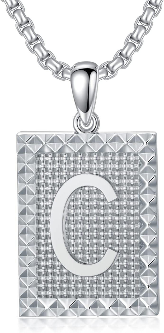 Sterling Silver A Z Alphabet Square Letter Necklace for Men Women-0-0