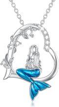 wholesale 925 Sterling Silver Mermaid Blue Enamel Pendant Necklace for Women-0-0