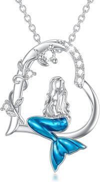 wholesale 925 Sterling Silver Mermaid Blue Enamel Pendant Necklace for Women-Mermaid