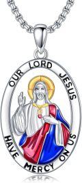 wholesale 925 Sterling Silver Oval Jesus & Mary Medal Pendant Necklace with Red and Blue Robe for Women Men Christian s 24 Chain Length-0-0
