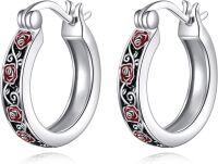 wholesale 925 Sterling Silver Red Rose Floral Huggie Hoop Earrings for Women Girls 14mm Diameter -Rose Filigree