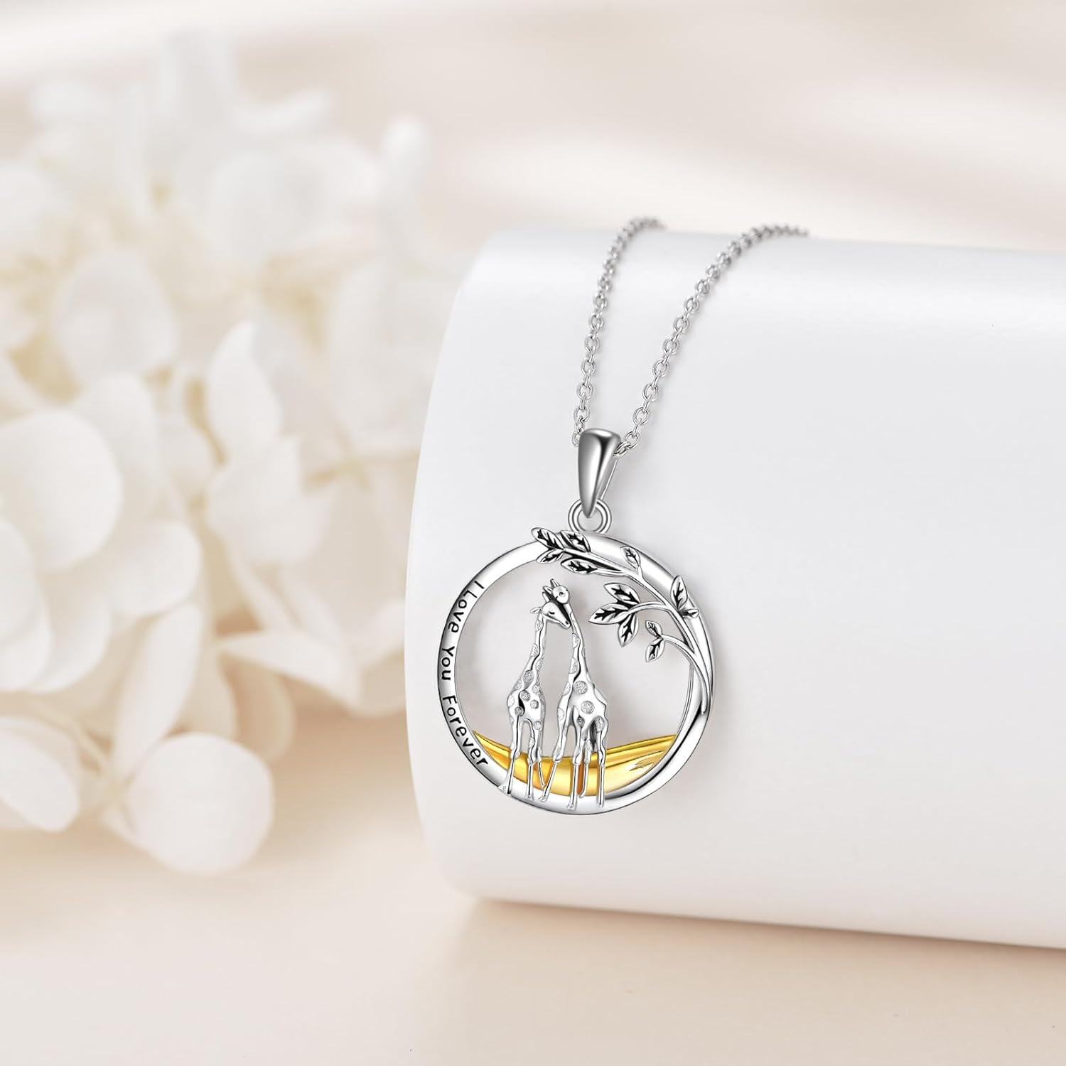 925 Sterling Silver Giraffe Family Tree of Life Pendant Necklaces for Women Girls I Love You Forever s 45cm Chain Length-0-5
