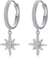 wholesale 925 Sterling Silver Starburst Dangle Hoop Earrings with Moissanites and Cubic Zirconia (White)-Starburst