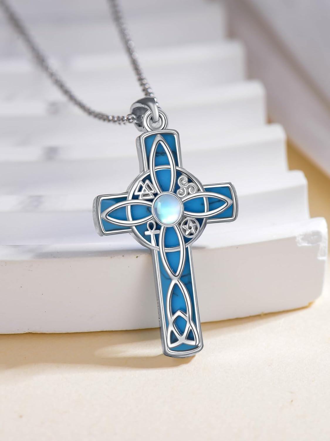 wholesale 925 Sterling Silver Cross with Blue Enamel and Moonstone Pendant Necklace - Witch s for Women-0-4